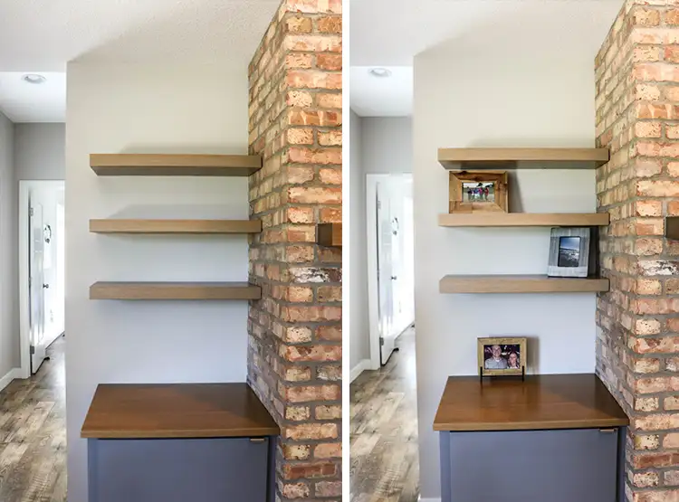 A before and after picture showcasing an empty shelf on the left and a decorated shelf on the right.