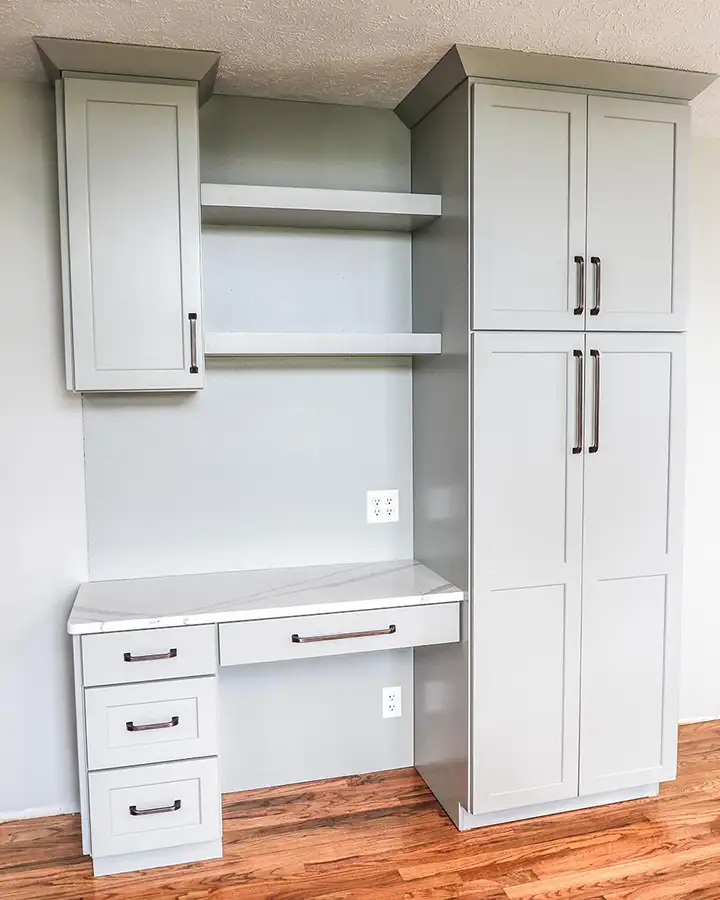 Gravel lane design - home office, light grey desk built into wall shelves and cabinets - Eureka, IL