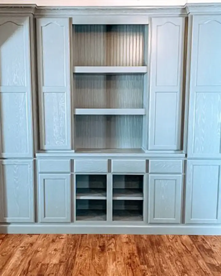 Gravel Lane Design - large entertainment unit, teal blue painted wood, possible for library or TV or office space - Eureka, IL