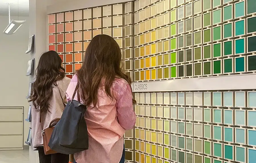 Gravel Lane Design Studio - designers viewing color samples - debunking design myths - Eureka, IL