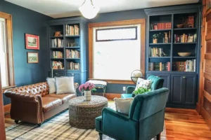 Gravel Lane Design Studio - blue teal sitting room library with built in bookcases - Eureka, IL