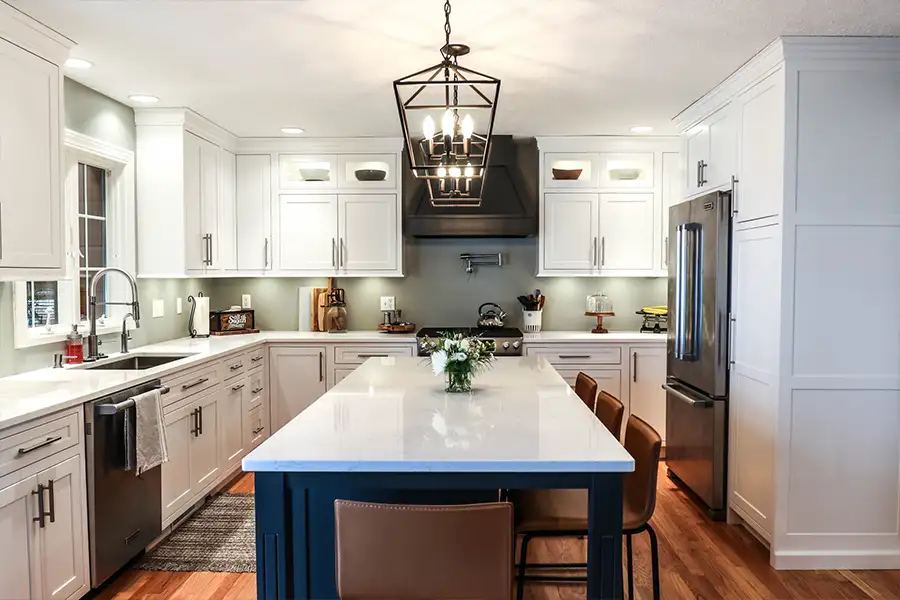 Gravel Lane Design Studio - modern kitchen remodel, painted mint green walls, and deep cobalt blue kitchen island - Eureka, IL