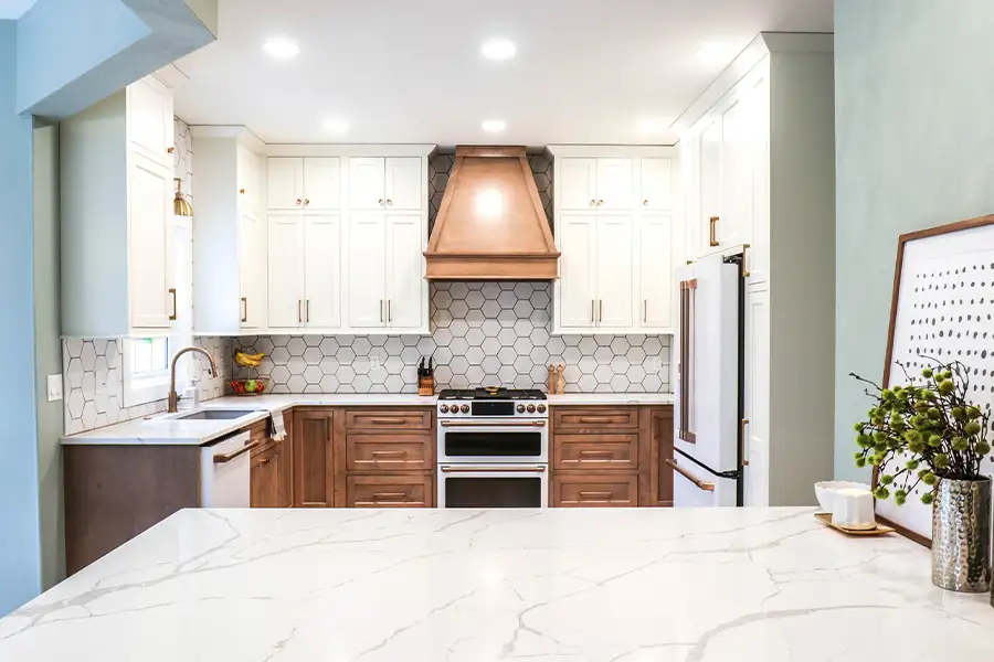 Gravel Lane Design Studio - modern kitchen remodel, painted mint blue walls, honeycomb style backsplash - Eureka, IL