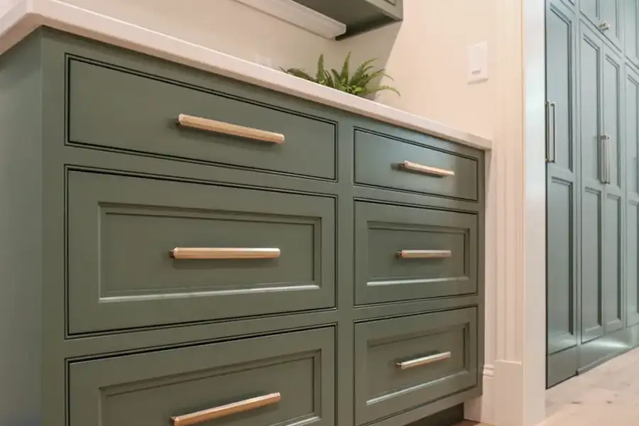 Gravel Lane Design Studio - Rosemary Green painted cabinetry and drawers in modern style kitchen and mudroom - Eureka, IL