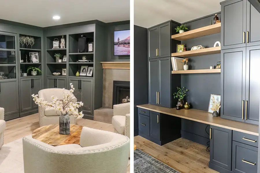 Gravel Lane Design Studio - dark blue painted shelves and cabinets painted to match wall - Eureka, IL