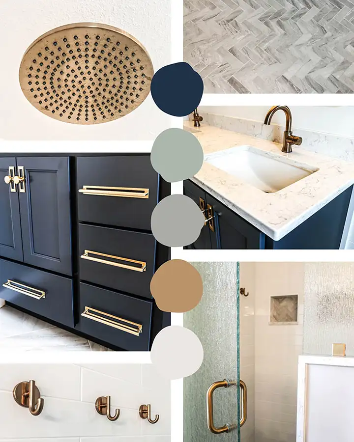 Gravel Lane Design Studio - bathroom design concept with color pallet, hardware, cabinets, tiles, fixtures, etc - Eureka, IL