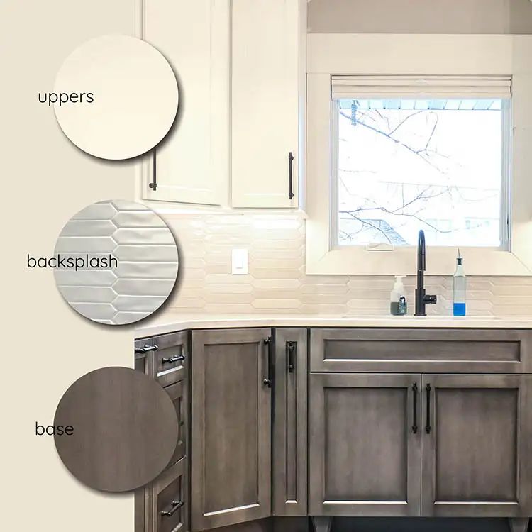 Visual breakdown of kitchen design elements: Upper cabinetry color, backsplash, and base cabinetry included | Eureka, IL